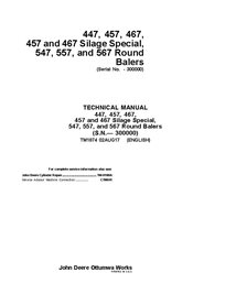 TM1874 Manual técnico de reparo da enfardadeira John Deere 447, 457, 467, 547, 557 SN 0-300000 (TM1874)