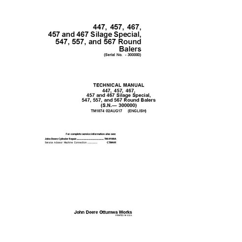 TM1874 John Deere 447, 457, 467, 547, 557 SN 0-300000 baler repair technical manual (TM1874)