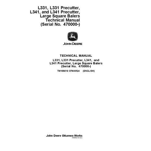 TM185619 Manual técnico completo da enfardadeira de fardos quadrados grandes John Deere L331, L341 (TM185619)