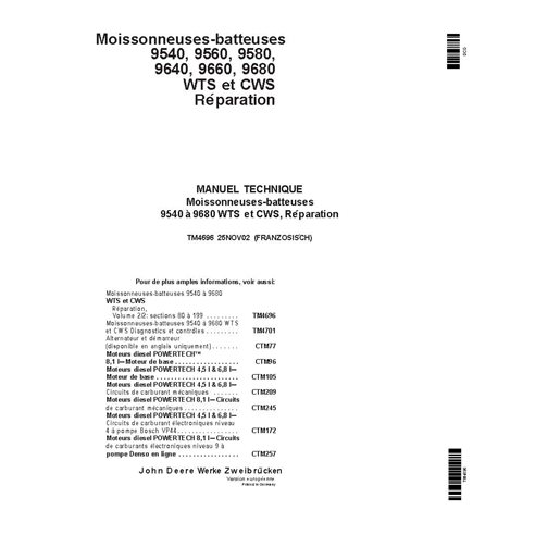 TM4696 Manual técnico de reparación de cosechadoras John Deere 9540, 9560, 9580, 9640, 9660, 9680 WTS y CWS FR (TM4696)