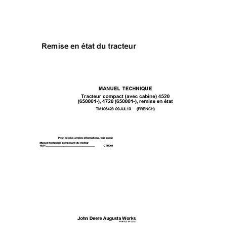 TM105428 Manual técnico de reparo do trator compacto John Deere 4520, 4720 FR (TM105428)
