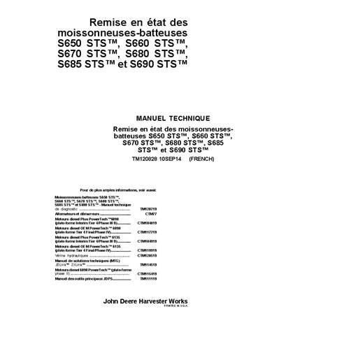 TM120828 Manual técnico de reparo da colheitadeira John Deere S650, S660, S670, S680, 685, S690 MY2014-2015 FR (TM120828)
