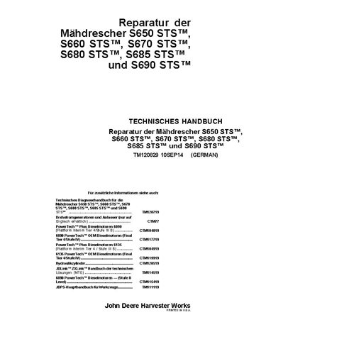 TM120829 John Deere S650, S660, S670, S680, 685, S690 MY2014-2015 combine repair technical manual DE (TM120829)