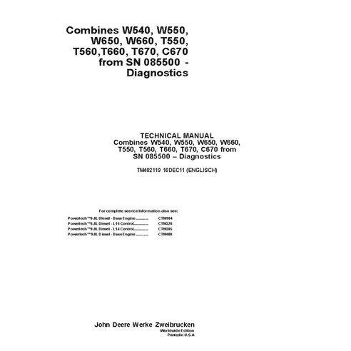 TM402119 Manuel technique de diagnostic des moissonneuses-batteuses John Deere W540, W550, W650, W660, T550, T560, T660, T670...