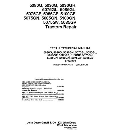 TM406419 Manual técnico de reparação de tratores John Deere série 5G: 5075G, 5080G, 5085G, 5090G, 5100G (TM406419)
