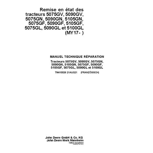 TM410028 Manual técnico de reparación de tractores John Deere 5075G, 5080G, 5085G, 5090G, 5100G, año modelo 2017 - Serie 5G F...