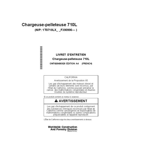 OMT426490X28 Manuel d'utilisation de la chargeuse-pelleteuse John Deere 710L PIN F390996 - FR (OMT426490X28)