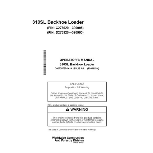 OMT357554X19 Manual do operador da retroescavadeira John Deere 310SL PIN C_D273920-390995 (OMT357554X19)