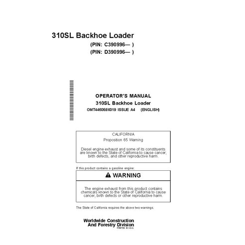 OMT446059X019 Manual del operador de la retroexcavadora John Deere 310SL PIN C_D390996 (OMT446059X019)