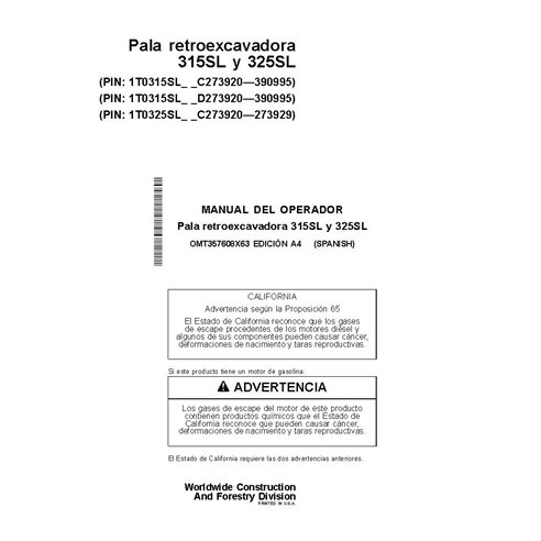 JD-OMT357608X63 Manual do operador da retroescavadeira John Deere 315SL, 325SL PIN C_D273920-390995 ES (OMT357608X63)