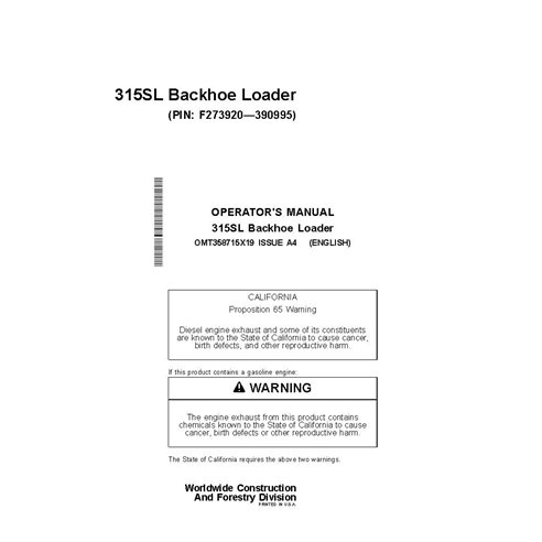 JD-OMT358715X19 John Deere 315SL PIN F273920-390995 backhoe loader operator's manual (OMT358715X19)