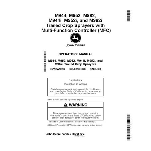 JD-OMWZW16264 Manuel d'utilisation du pulvérisateur John Deere M944, M952, M962, M944i, M952i et M962 (OMWZW16264)