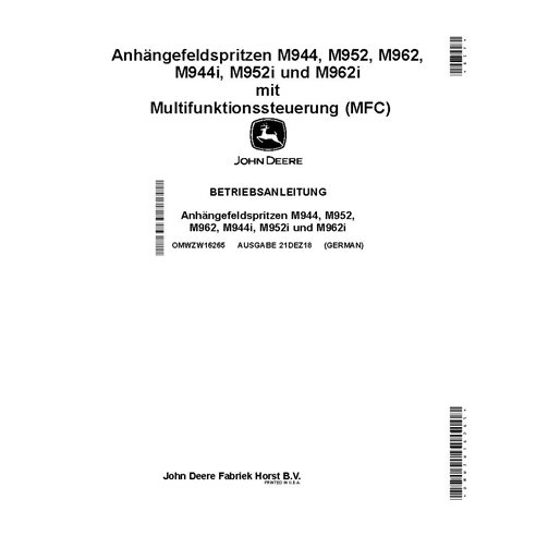 JD-OMWZW16265 Manual do operador do pulverizador John Deere M944, M952, M962, M944i, M952i e M962 DE (OMWZW16265)