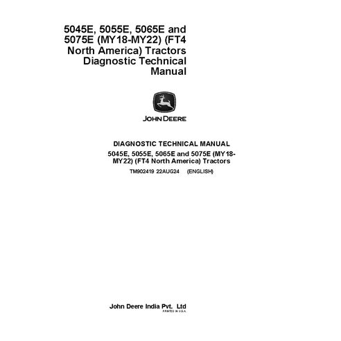 TM902419 John Deere 5045E, 5055E, 5065E and 5075E MY18-MY22 tractor diagnostic technical manual (TM902419)