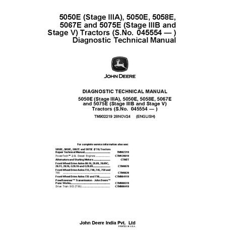 TM902219 Manual técnico de diagnóstico do trator John Deere 5050E, 5058E, 5067E, 5075E SN 045554 (TM902219)