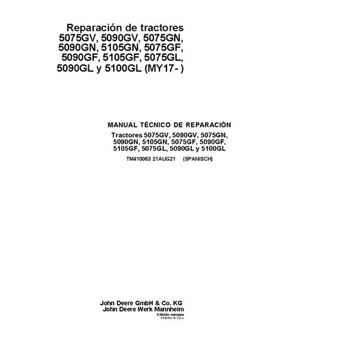 TM410063 Manual técnico de reparação do trator John Deere 5075G, 5080G, 5085G, 5090G, 5100G MY17 - ES (TM410063)