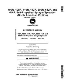 JD-OMKK76267 John Deere 400R - 412R, 600R - 616R SN 220001-230000 self-propelled sprayer operator's manual (OMKK76267)