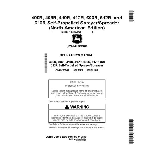 JD-OMKK76267 John Deere 400R - 412R, 600R - 616R SN 220001-230000 self-propelled sprayer operator's manual (OMKK76267)