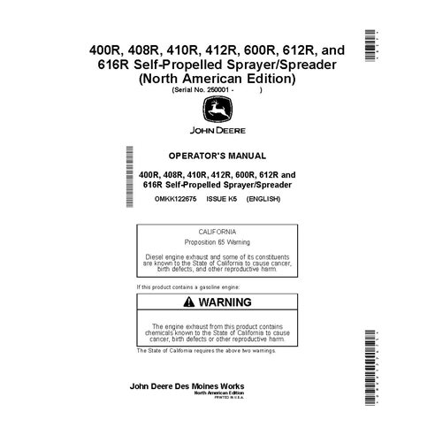 JD-OMKK122675 Manual do operador do pulverizador autopropelido John Deere 400R - 412R, 600R - 616R SN 250001-260000 (OMKK122675)