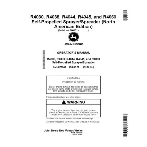 JD-OMKK60066 John Deere R4030, R4038, R4044, R4045 SN 200001-210000 self-propelled sprayer operator's manual (OMKK60066)