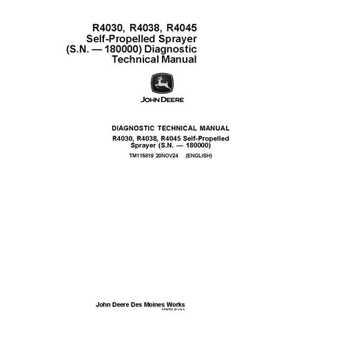 TM115819 Manual técnico de diagnóstico do pulverizador autopropelido John Deere R4030, R4038, R4045 SN -180000 (TM115819)