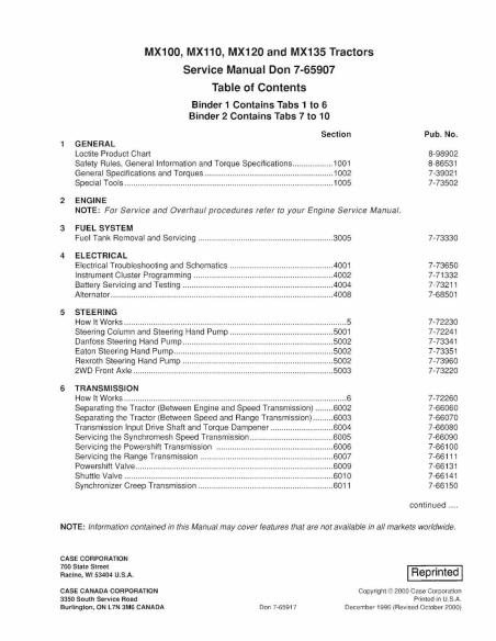 CASE-7-65907R0 Case IH MX100, MX110, MX120, MX135 tractor pdf service manual