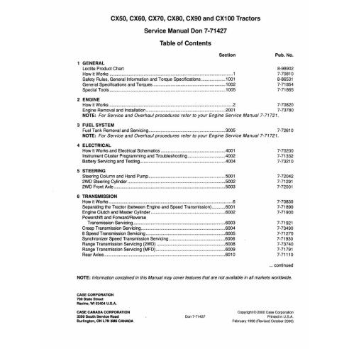 Manual de reparo pdf do trator Case IH CX50, CX60, CX70, CX80, CX90, CX100 - Caso IH manuais - CASE-7-71427