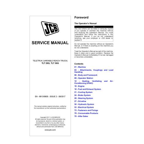 Manual de serviço em pdf do manipulador telescópico JCB TLT 25G, TLT 30G - JCB manuais - JCB-9813-8800