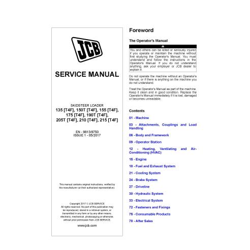 JCB 135, 150T, 155, 175, 190T, 205T, 210, 215 T4F skid loader pdf service manual  - JCB manuals