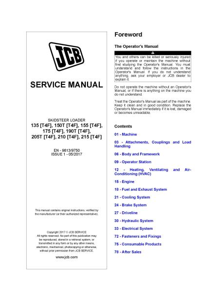 JCB 135, 150T, 155, 175, 190T, 205T, 210, 215 T4F skid loader pdf service manual  - JCB manuals - JCB-9813-9750