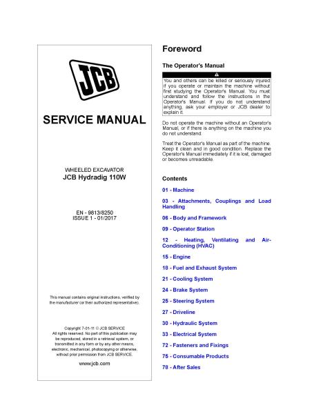 JCB JCB Hydradig 110W wheeled excavator pdf service manual  - JCB manuals - JCB-9813-8250