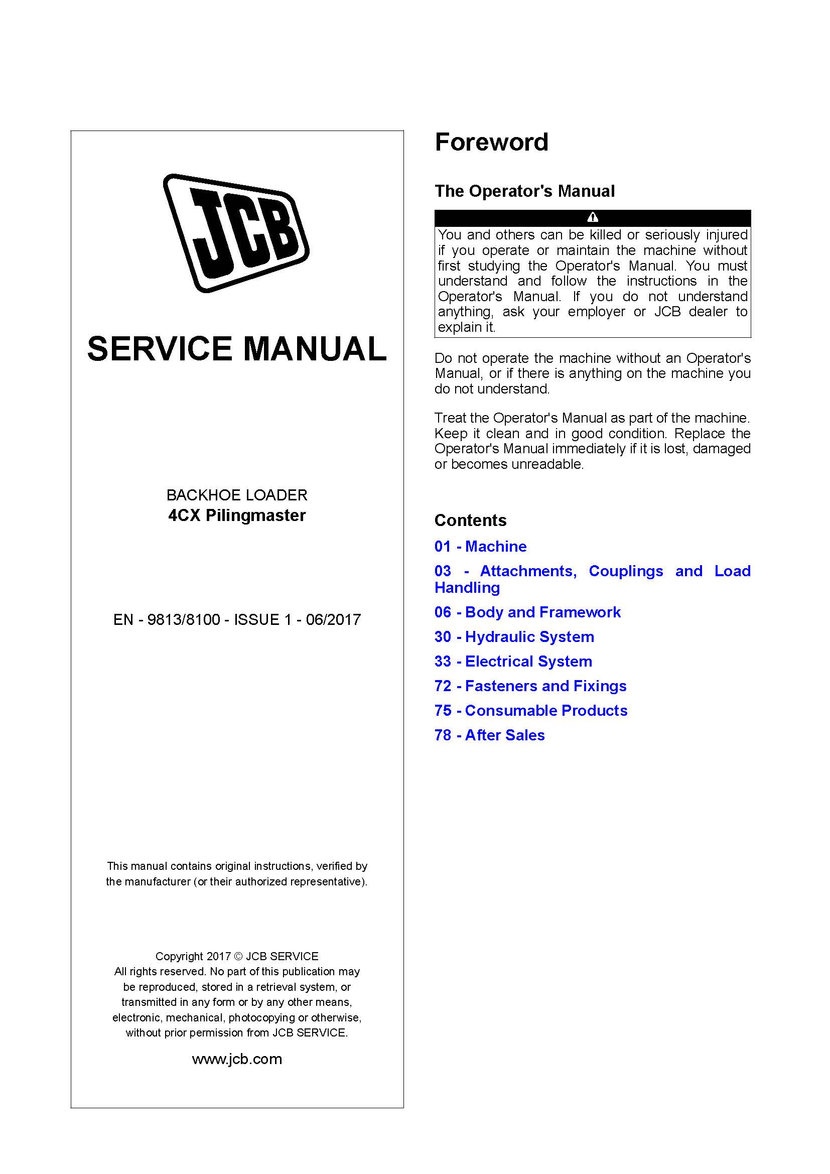 JCB 4CX Pilingmaster backhoe loader pdf service manual