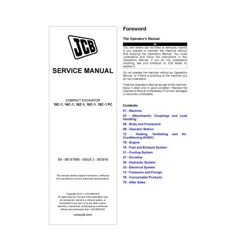 Manual de serviço em pdf da escavadeira compacta JCB 15C-1, 16C-1, 18Z-1, 19C-1, 19C-1 PC - JCB manuais - JCB-9813-7900