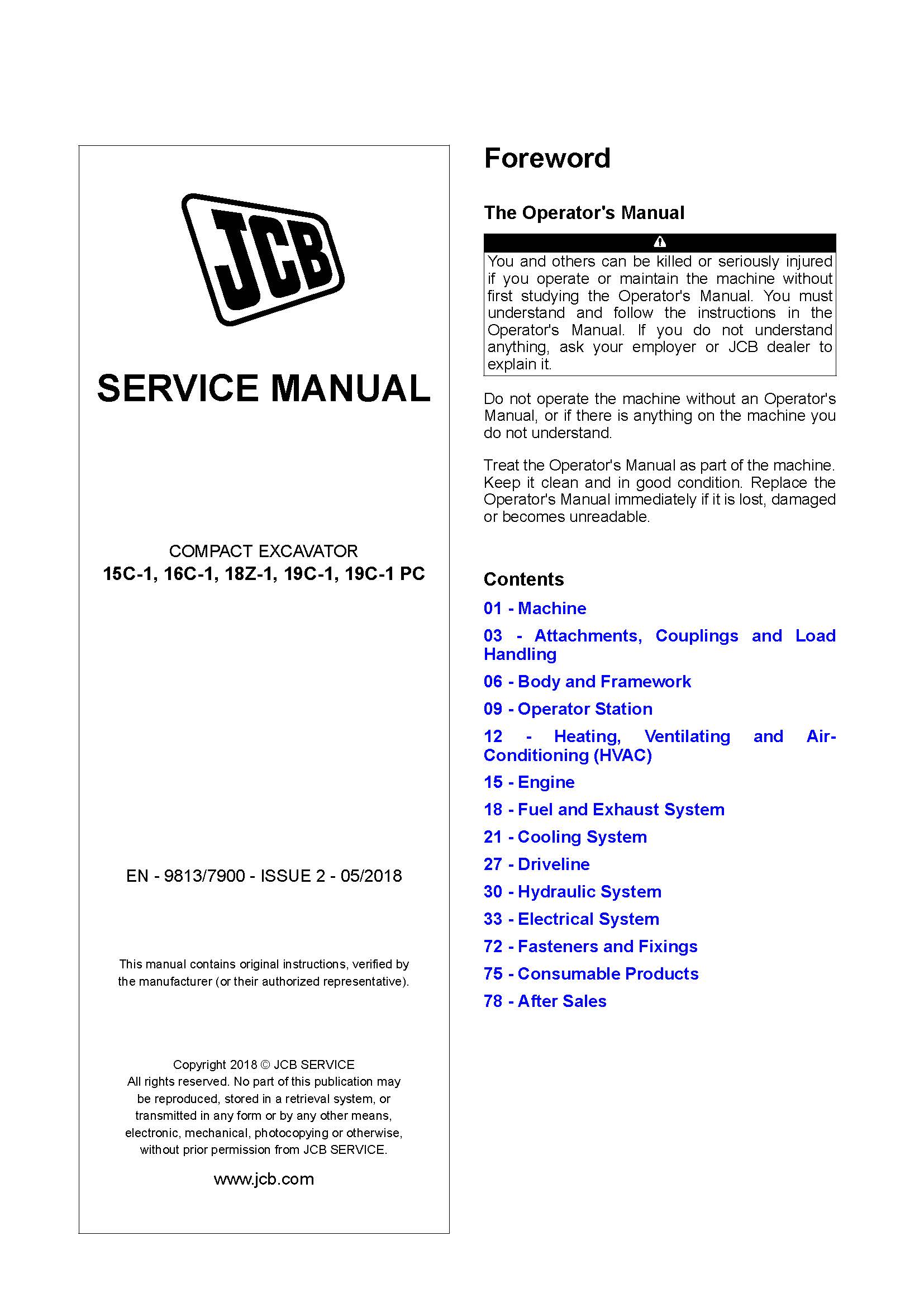 JCB 15C-1, 16C-1, 18Z-1, 19C-1, 19C-1 PC compact excavator pdf service .