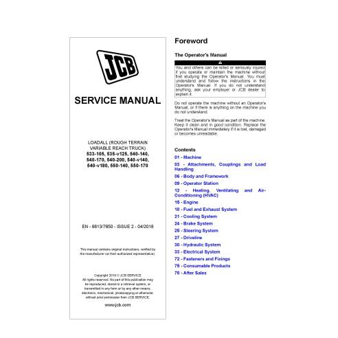JCB 533, 535, 540, 550 Edição 2 manual de serviço em pdf loadall - JCB manuais - JCB-9813-7650