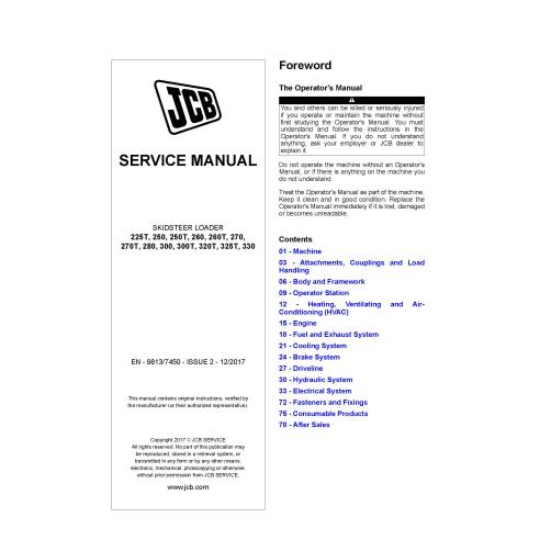 JCB 225T, 250, 250T, 260, 260T, 270, 270T, 280, 300, 300T, 320T, 325T, 330 skid loader manual de serviço em pdf - JCB manuais...