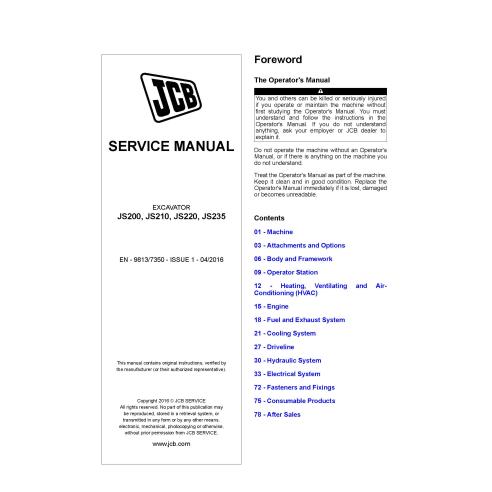JCB JS200, JS210, JS220, JS235 Issue 1 manuel d'entretien pdf de l'excavatrice - JCB manuels - JCB-9813-7350