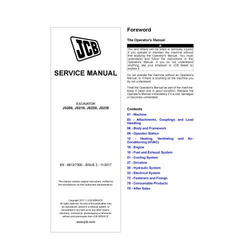 JCB JS200, JS210, JS220, JS235 Issue 2 manuel d'entretien pdf de l'excavatrice - JCB manuels - JCB-9813-7300