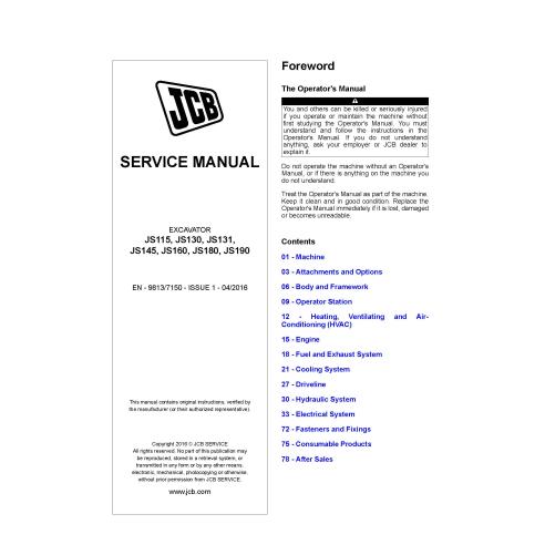 JCB JS115, JS130, JS131, JS145, JS160, JS180, JS190 manuel d'entretien pdf - JCB manuels - JCB-9813-7150