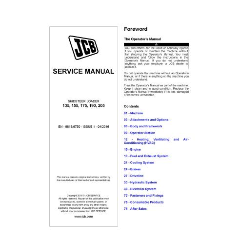 JCB 135, 155, 175, 190, 205 skid loader manual de servicio en pdf - JCB manuales - JCB-9813-6750
