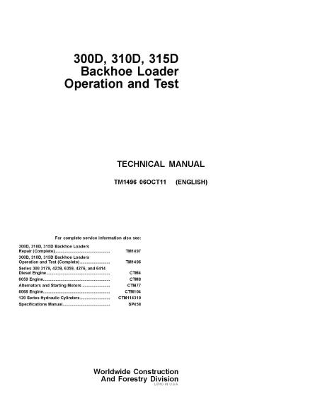 TM1496 John Deere 300D, 310D 315D backhoe loader technical manual (TM1496)