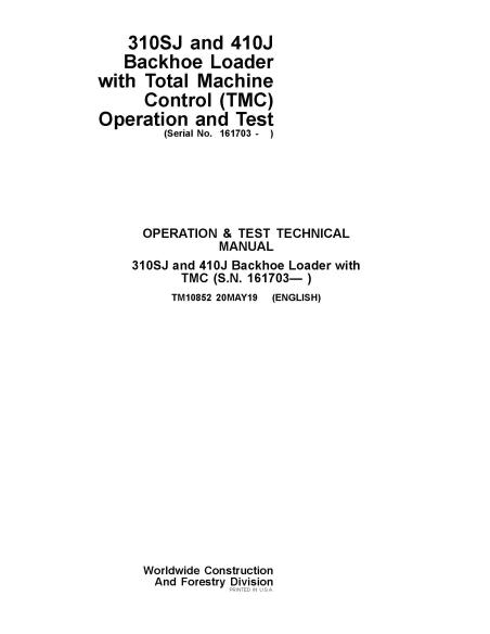 TM10852 Manual técnico de teste e operação em pdf das retroescavadeiras John Deere 310SJ e 410J