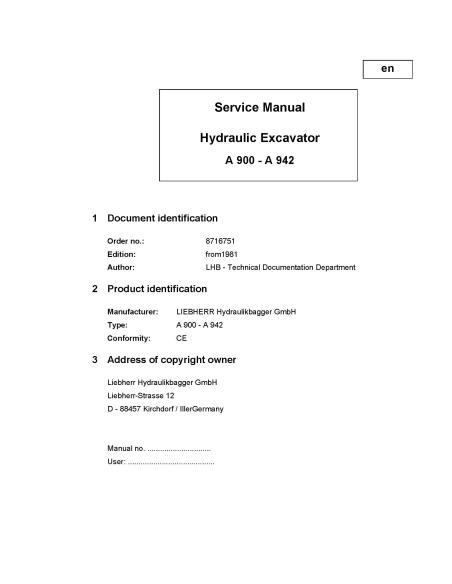 LIEBHERR-A900-A942 Manual de serviço em pdf da escavadeira hidráulica Liebherr A900, A902, A912, A922, A942