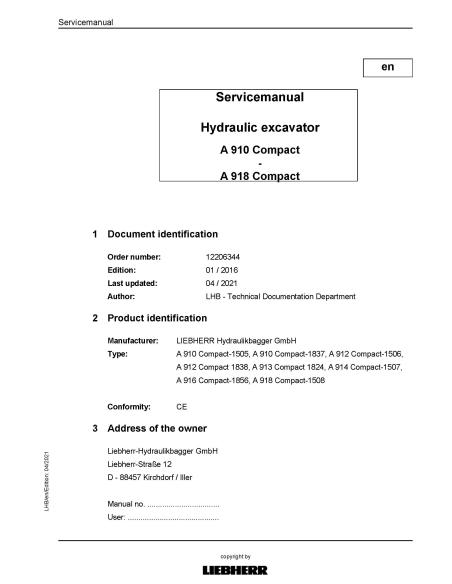 LIEBHERR-A910-A918-Compact Manuel d'entretien des pelles hydrauliques compactes Liebherr A910, A912, A913, A914, A916, A918 pdf