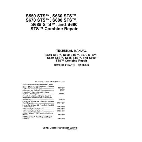 TM112019 John Deere S550, S660, S670, S680, S685, S690 STS combine repair technical manual (TM112019)