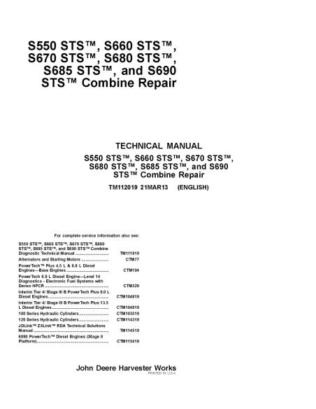 TM112019 John Deere S550, S660, S670 , S680, S685,S690 STS manuel technique de réparation de moissonneuse-batteuse pdf