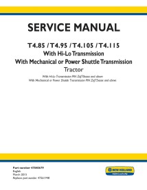 Manuel d'entretien pdf du tracteur New Holland T4.85, T4.95, T4.105, T4.115 - Nouvelle-Hollande Agriculture manuels - NH-4784...