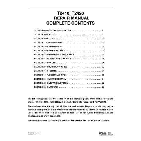 New Holland T2410, T2420 tractor pdf repair manual  - New Holland Agriculture manuals - NH-87725020