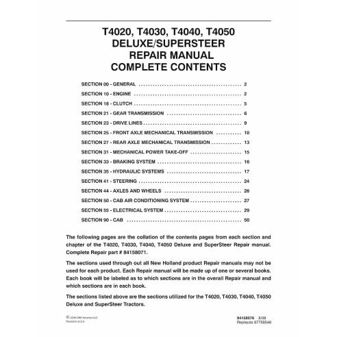 Manual de serviço pdf do trator New Holland T4020, T4030, T4040, T4050 - New Holland Agricultura manuais - NH-84158071