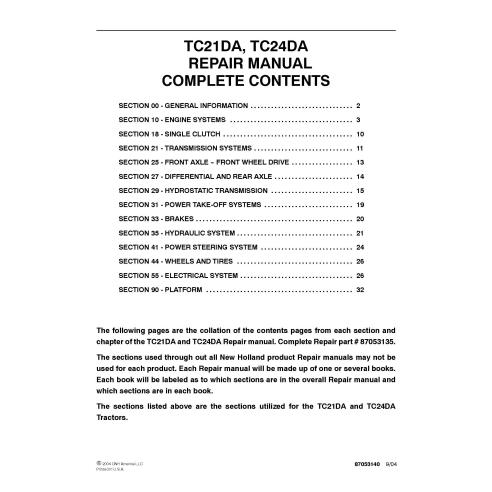 Manual de reparo em pdf do trator New Holland TC21DA, TC24DA - New Holland Agricultura manuais - NH-87053135